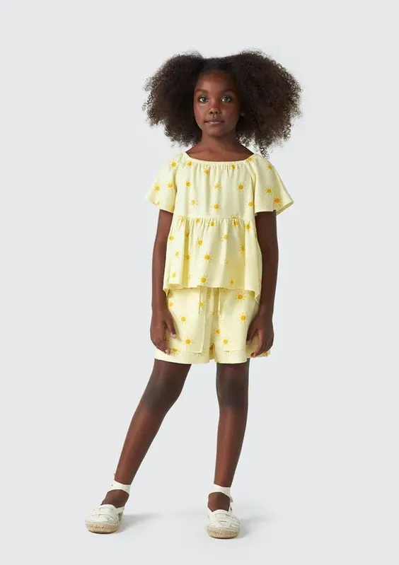 Shorts Infantil Menina Estampado Com Linho - Amarelo 002