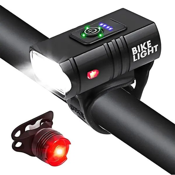 Kit de Iluminação para Bicicleta BIC002-01 Farol de LED Recarregável com Sinalizador Traseiro Vermelho Tudo em Caixa Kit de Iluminação para Bicicleta BIC002-01 Farol de LED Recarregável e Sinalizador Traseiro Vermelho