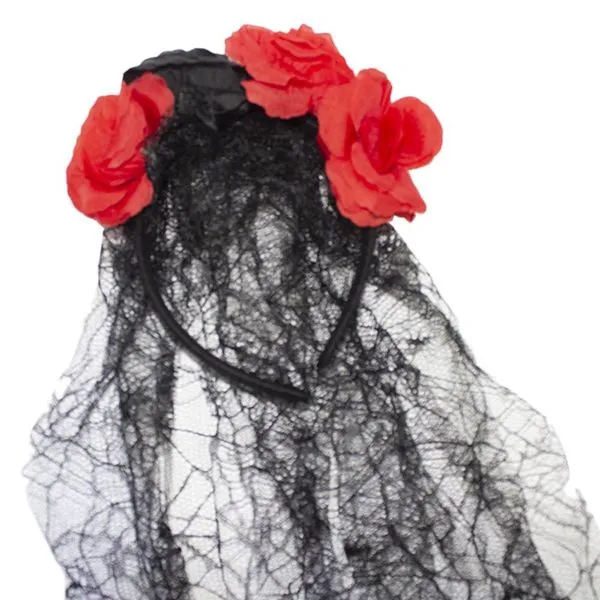 Tiara Halloween Com Flores Vermelhas e Véu