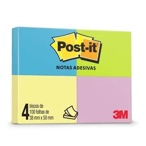 Bloco De Notas Adesivas Post-it 38x50 Mm 100 Folhas - 4 Unidades - 3m - Colorido