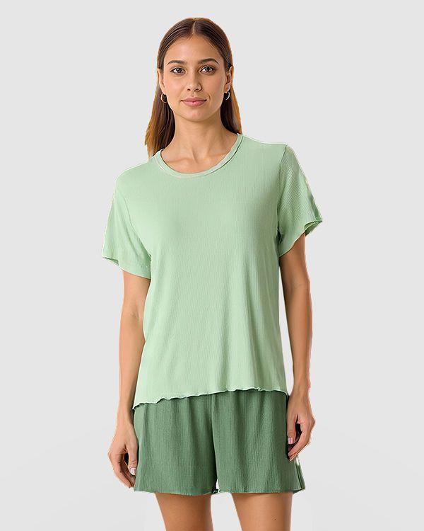 Pijama Curto Feminino Costura Filete Gola Em Malha De Viscose Canelada Verde - G