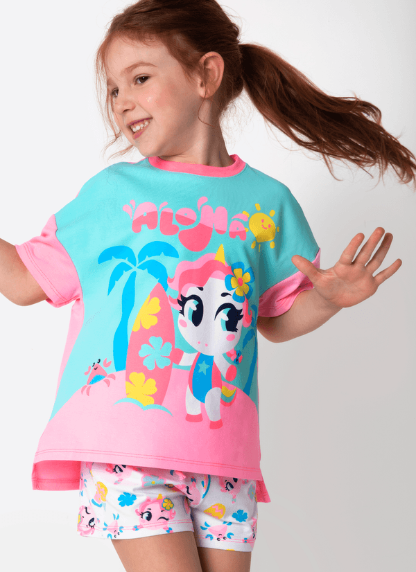 Pijama Manga Curta Menina Unicórnio Aloha 2