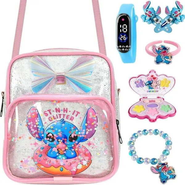 Kit Infantil Lilo & Stitch Relógio Digital Led Pulseira Silicone Mochila Anel Presilhas Azul Bebê Orizom Kit Infantil Lilo & Stitch Relógio Digital Led Pulseira Silicone Mochila Azul Bebê Orizom