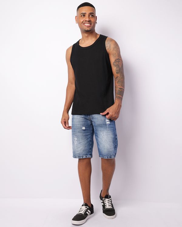 Bermuda Jeans Masculina Reta Destroyed Azul 36