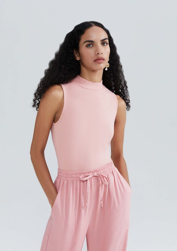 Regata Básica Feminina Gola Alta Em Ribana Canelada - Rosa XP