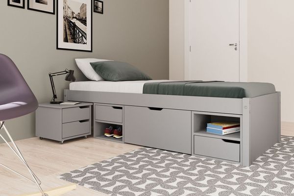 Cama Solteiro Madeira Maciça com 3 Gavetas e 1 Mesa de Cabeceira Charme Cool Grey