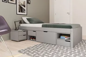 Cama Solteiro Madeira Maciça com 3 Gavetas e 1 Mesa de Cabeceira Charme Cool Grey