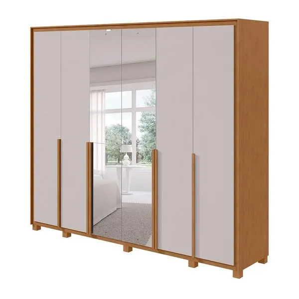 Guarda-Roupa Casal com Espelho e Pés Imperatore 6 Portas 8 Gavetas Amêndoa Clean e Off White