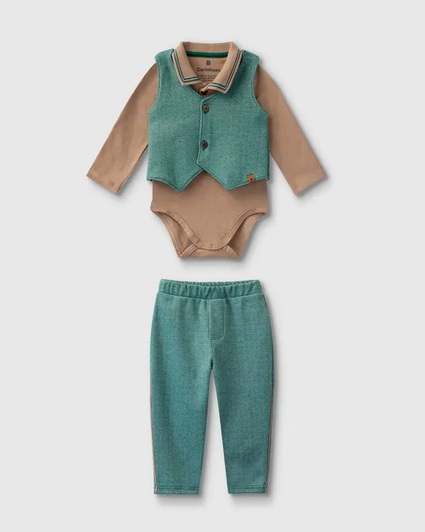 Conjunto Menino Body Manga Longa + Colete Botões + Calça - Carinhoso Verde - G