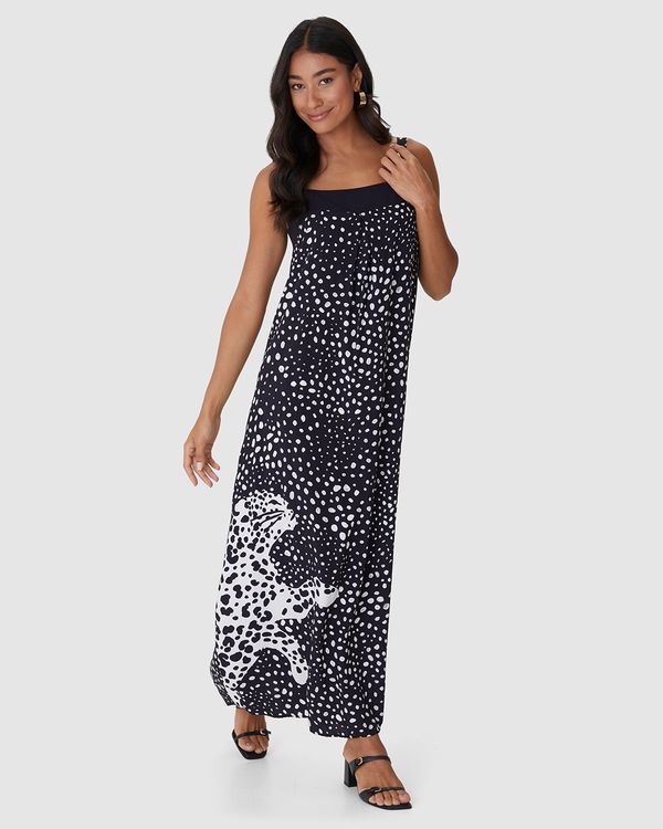Vestido Longo Feminino Amplo Estampado Em Viscose Preto - G