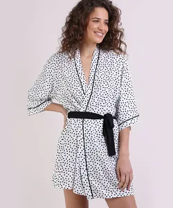 Robe Feminino Estampado de Poá Manga 3/4 Off White M