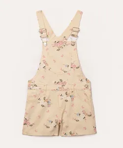 jardineira de sarja infantil floral com bolsos bege 6