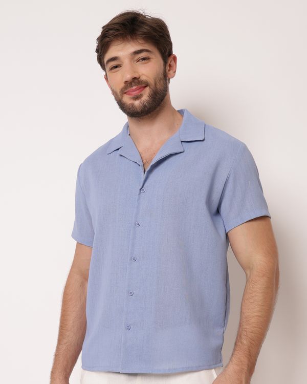Camisa Masculina com Linho Gola Cubana Manga Curta Azul G