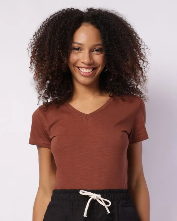 Blusa Feminina Algodão Flamê Decote V Manga Curta Marrom G