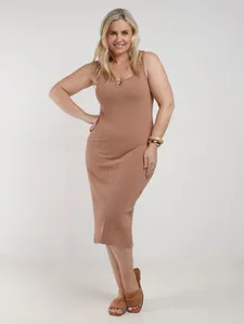 Vestido Cotton Canelado Midi Plus Size Feminino MARROM P