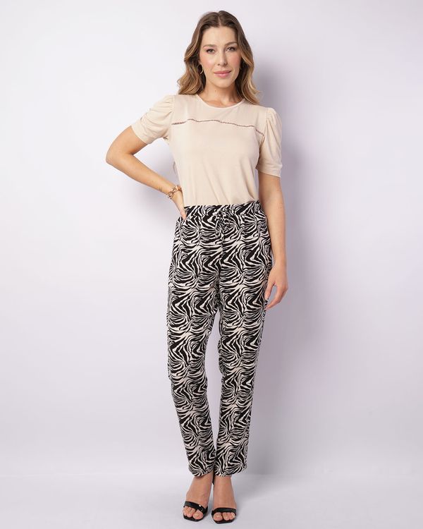 Calça Feminina Berry & Co. Viscose Reta Estampada Bege P