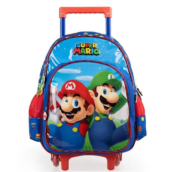 Mochila Escolar Infantil Masculina Com Rodinhas Mario Bross Premium Azul U / Azul