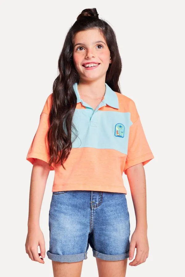 Polo Menina Cropped Recortes Neon Laranja Neon - 18