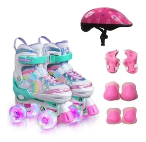 Patins Infantil Quad Ajustável+ Kit Proteção Rodas Led-ROSA-28-32