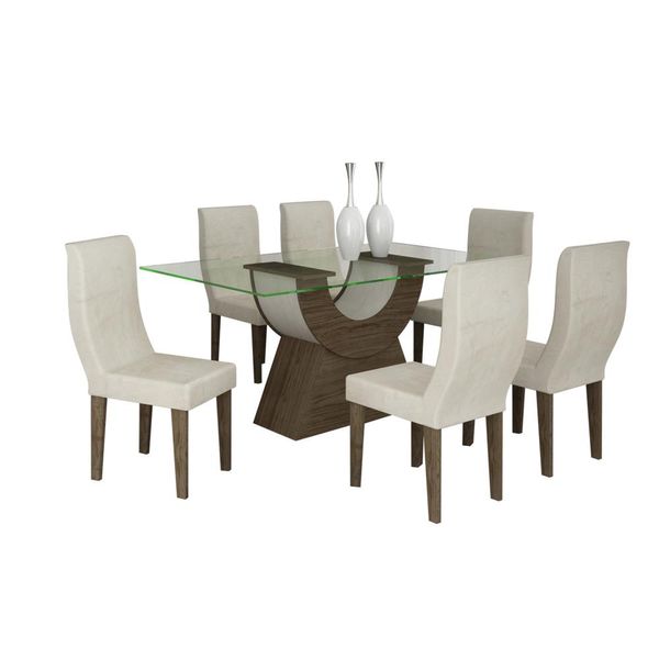 Mesa de Jantar 6 Cadeiras com Tampo de Vidro - Malta Wengue / Carvalho