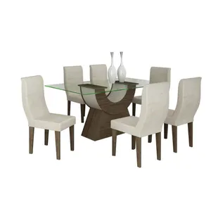 Mesa de Jantar 6 Cadeiras com Tampo de Vidro - Malta Wengue / Carvalho