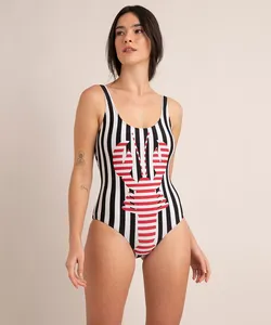 maiô body regata alça média estampado de lagosta listrado com proteção uv50+ lulu novis preto PP