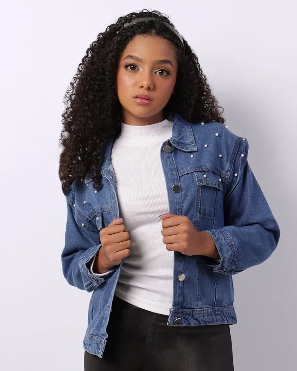Jaqueta Jeans Juvenil com Botões Pérolas Bolsos Azul 16
