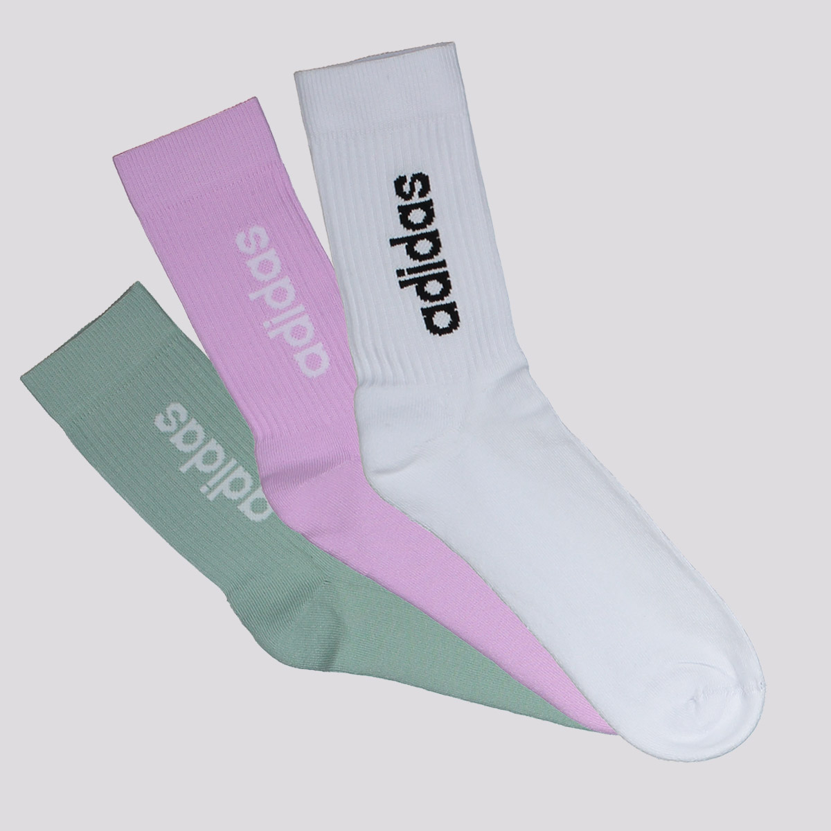 Kit Meia Adidas Crew 3 Pares Branca Rosa e Verde