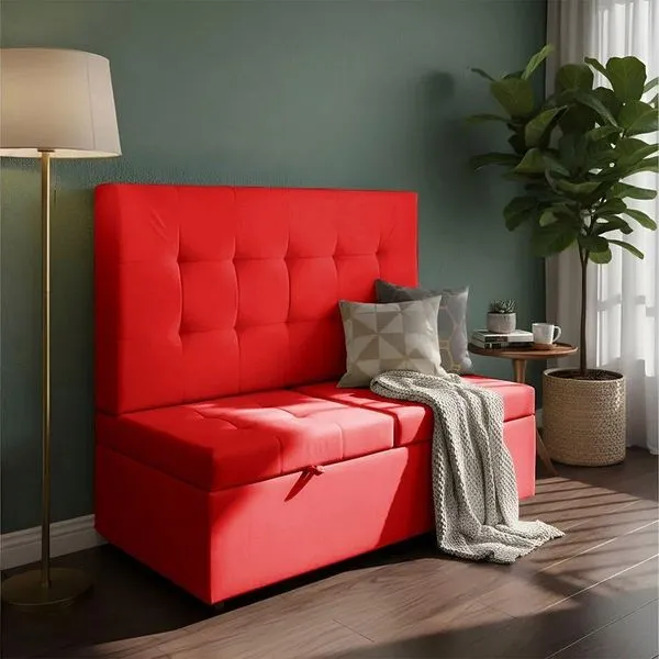 Canto Alemão Recamier Bau + Painel Madri 120cm Suede Vermelho - Inova Decor