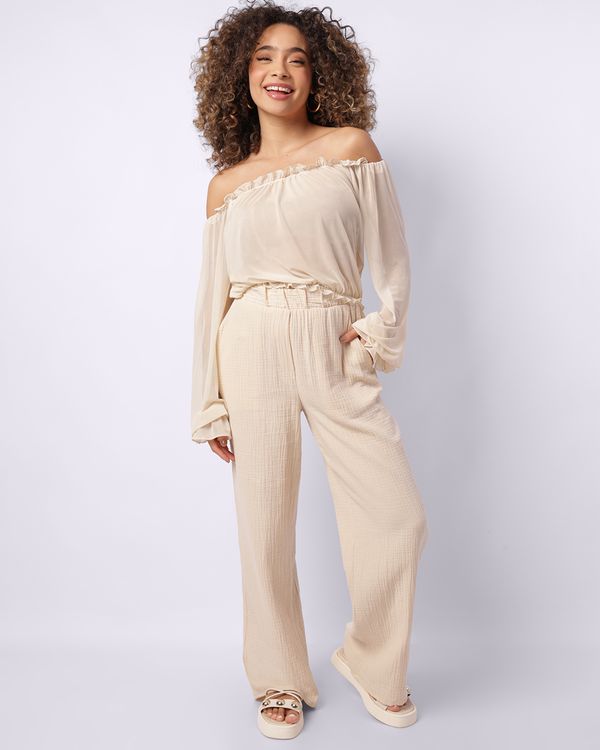 Calça Feminina Wide Leg Algodão Berry & Co. com Bolso Bege M