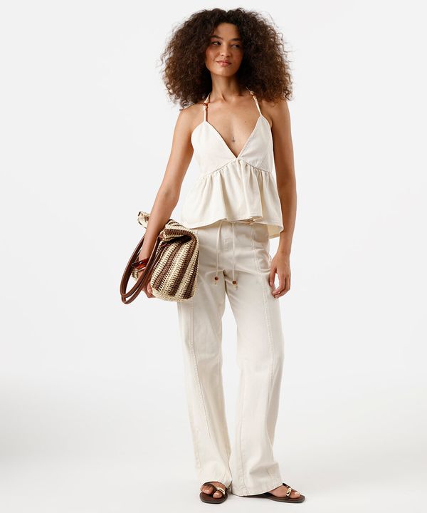 calça wide leg slim feminina de sarja com recorte off white 34