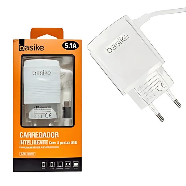 Carregador Rápido Celular 3 USB Micro USB V8 5.1A Cor Branco