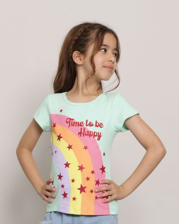 Blusa Infantil Manga Curta Estampa Arco íris Verde 6