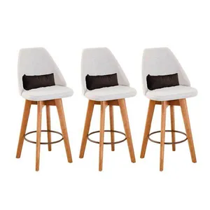 Kit 03 Banquetas Alta Maya Giratória Com Encosto Gourmet Linho Bege e Almofada Sintético Marrom - Aurora Line