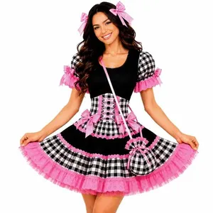Vestido Festa Junina Adulto Feminino Xadrez Preto e Rosa de Luxo G / Preto