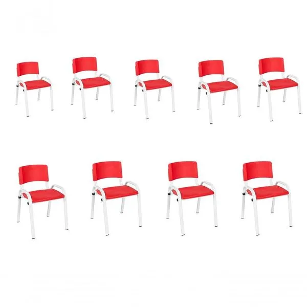 Kit 9 Cadeiras Infantil Iso, Escola, Base Branco- Vermelho