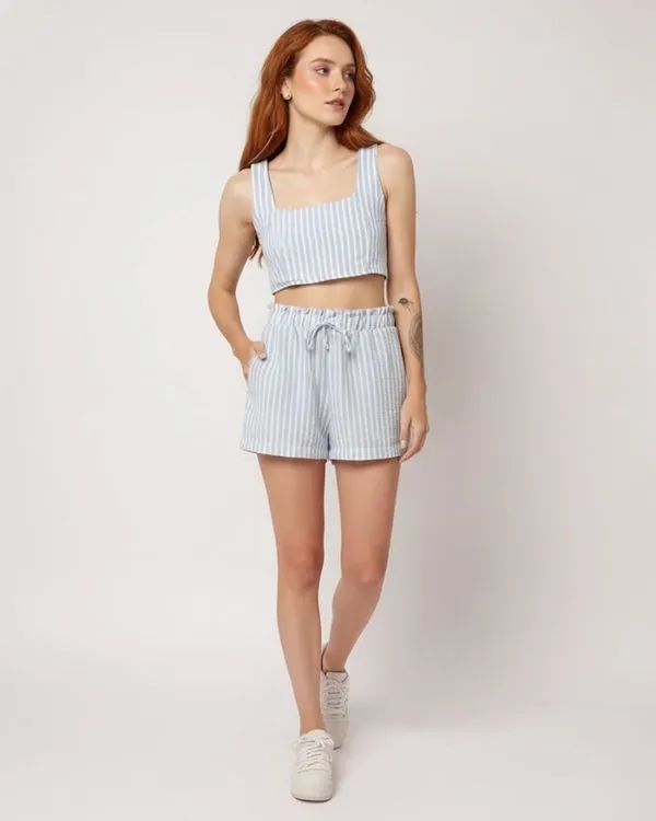 Short Feminino Berry & Co. Listrado com Bolsos Azul G