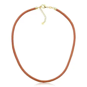 Colar De Couro Natural Caramelo Revestido Em Ouro Tamanho 42cm