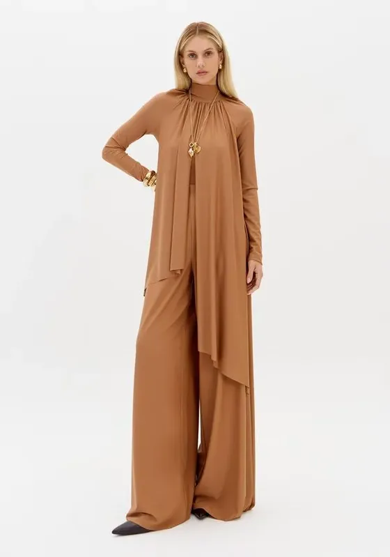 Calça Pantalona De Cintura Alta Bege PP