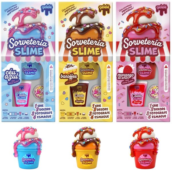KIT SORVETERIA SLIME - MORANGO, CÉU AZUL E BANOFFE - GELELÉ