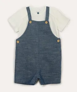 jardineira infantil curta jeans e camiseta azul 0-3