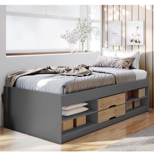Cama Solteiro Novah 4 Nichos e 2 Gavetas - Chumbo/Amêndoa
