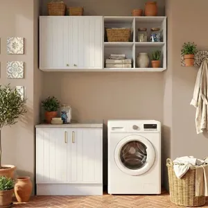 Lavanderia Modulada 3 Peças 1 Aéreo 1 Balcão com Tampo 1 Nicho 80cm Marselha Cabecasa Madeiraorigina Branco