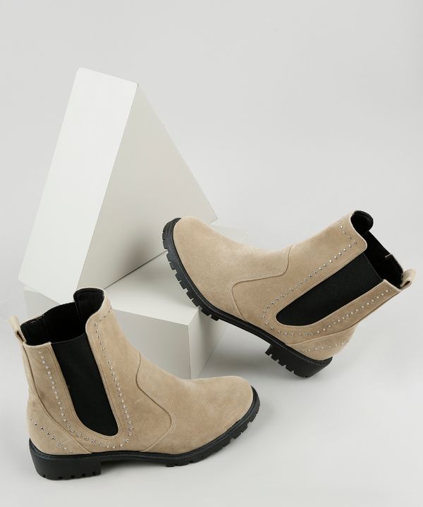 Bota Feminina Oneself Chelsea Cano Curto Bico Redondo com Tachas Bege 37