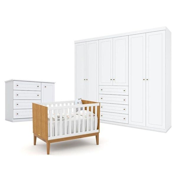 Quarto De Bebê Americano 6 Portas Com Berço Americano Unique Freijó Branco Soft Eco Wood - Matic - Henn