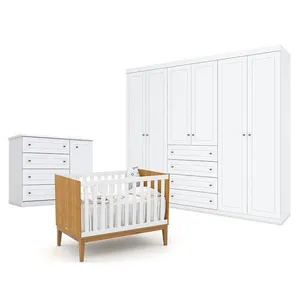 Quarto De Bebê Americano 6 Portas Com Berço Americano Unique Freijó Branco Soft Eco Wood - Matic - Henn