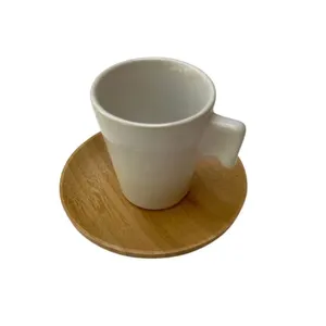 Conjunto cafezinho com pires bambu e xicara cerâmica branca