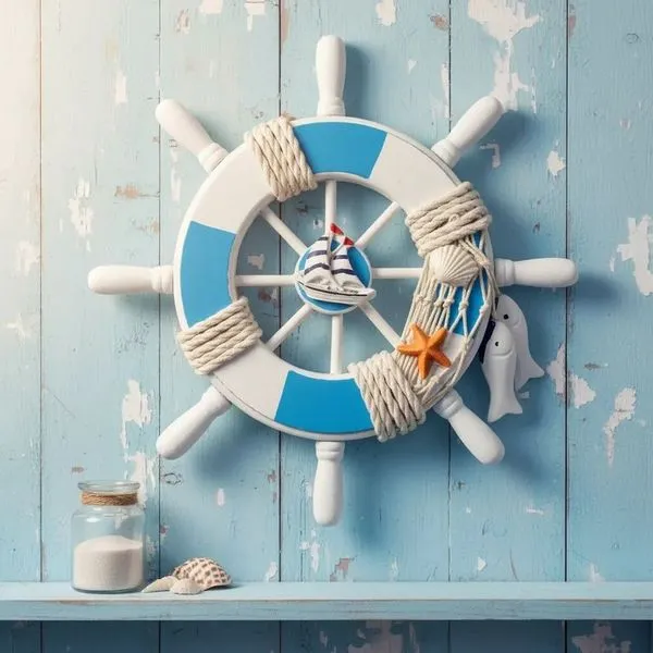 Decoração Náutica Timão Marítimo de Parede com Corda Trançada Azul e Branco 22,5cm Dantas Decoração Náutica Timão Marítimo de Parede Azul e Branco 22,5cm Dantas