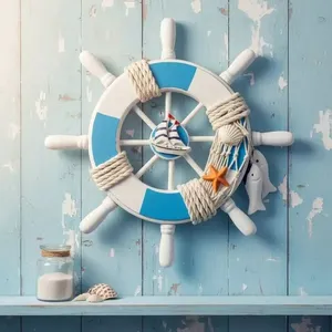 Decoração Náutica Timão Marítimo de Parede com Corda Trançada Azul e Branco 22,5cm Dantas Decoração Náutica Timão Marítimo de Parede Azul e Branco 22,5cm Dantas