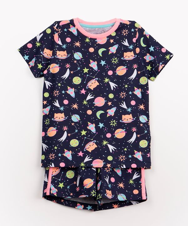 pijama infantil de malha gatinha manga curta azul marinho 10
